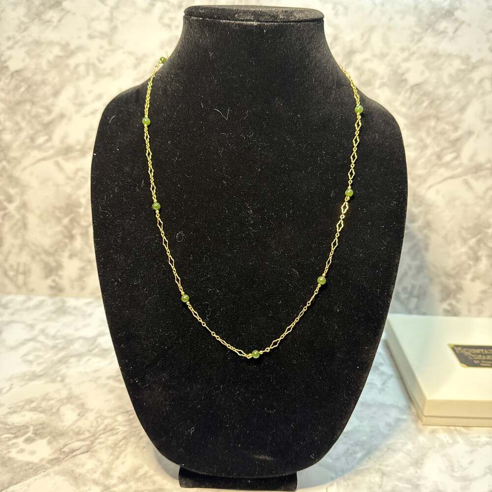 Vintage Gold-Tone Jade Station Necklace - Delicate Green Bead Filigree‎ Chain